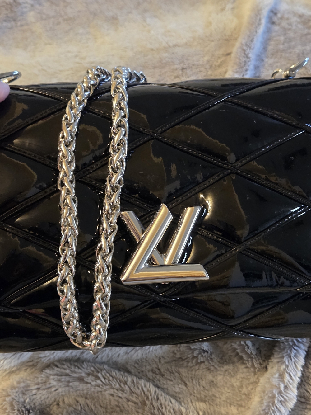 Black Patent Quilted Handbag with Silver Crossbody Chain